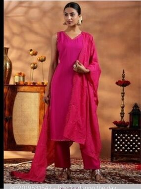 Pink Silk-Blend Straight Suit - Women's Pants & Dupatta Set